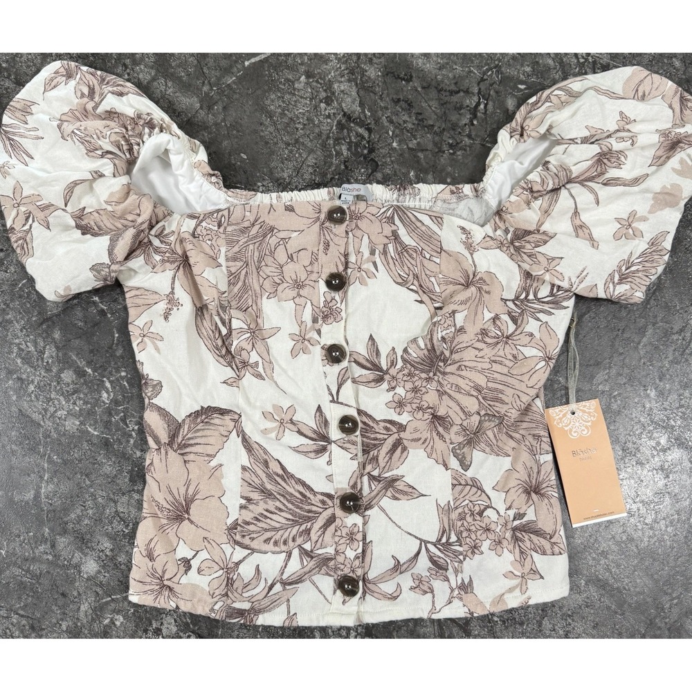 Blashe Women's Linen Blend On/Off Shoulder Button‎ Down Crop Top Back Ruching L